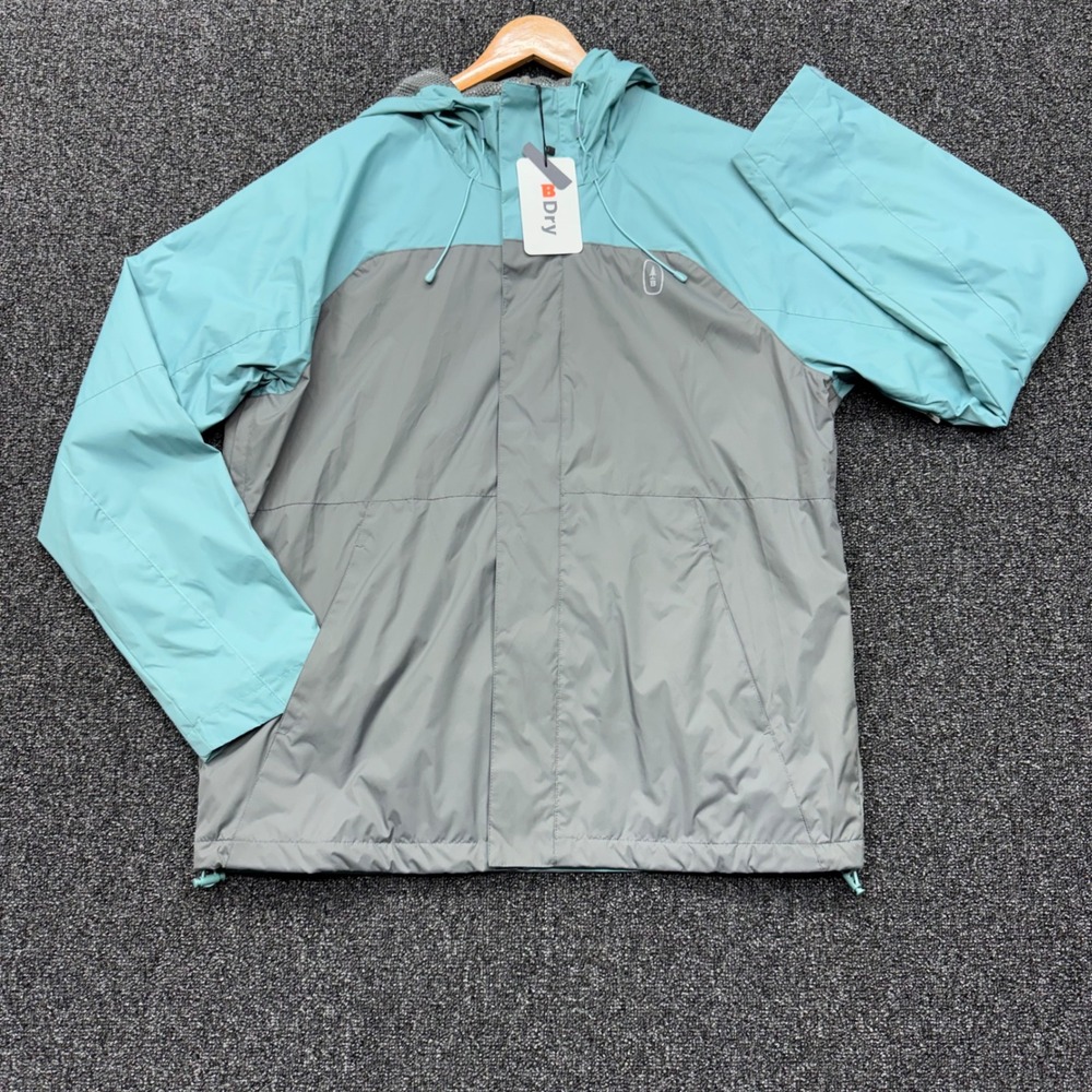Bass Outdoor B-Dry Rain Jacket Hooded Mens Large Teal Gray NEW